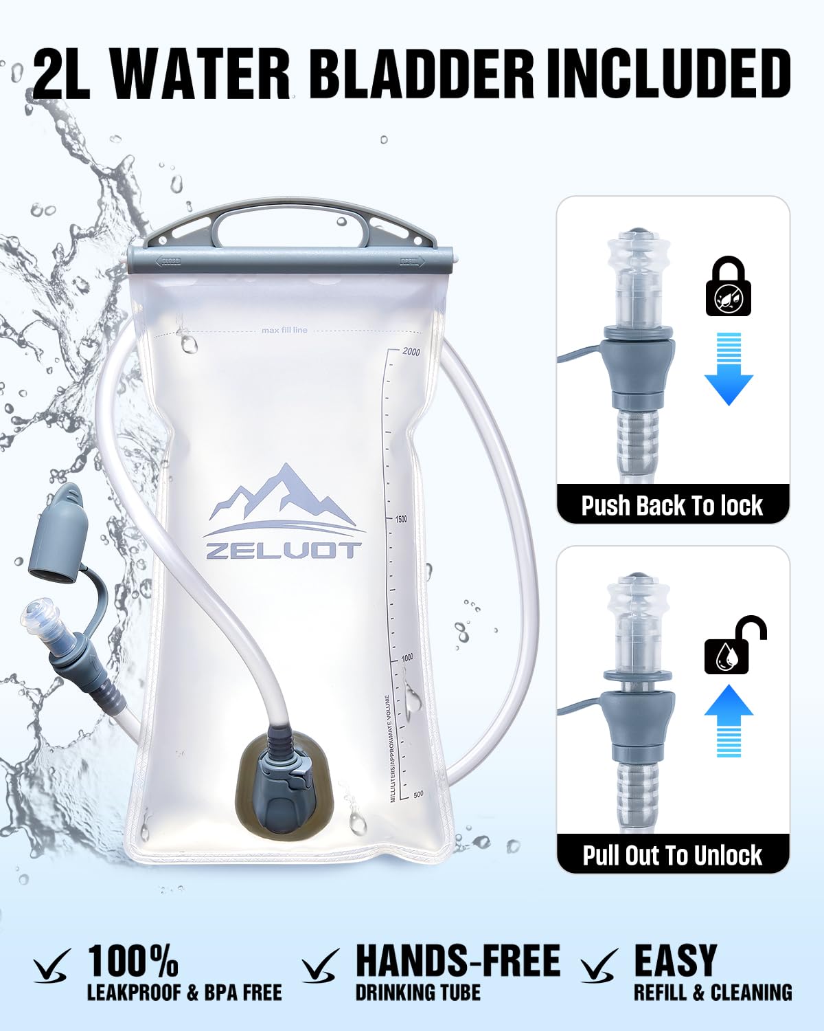 Zelvot Running Vest with 2L Water Bladder, Hydration Backpack, U.S. Design Patent, Lightweight