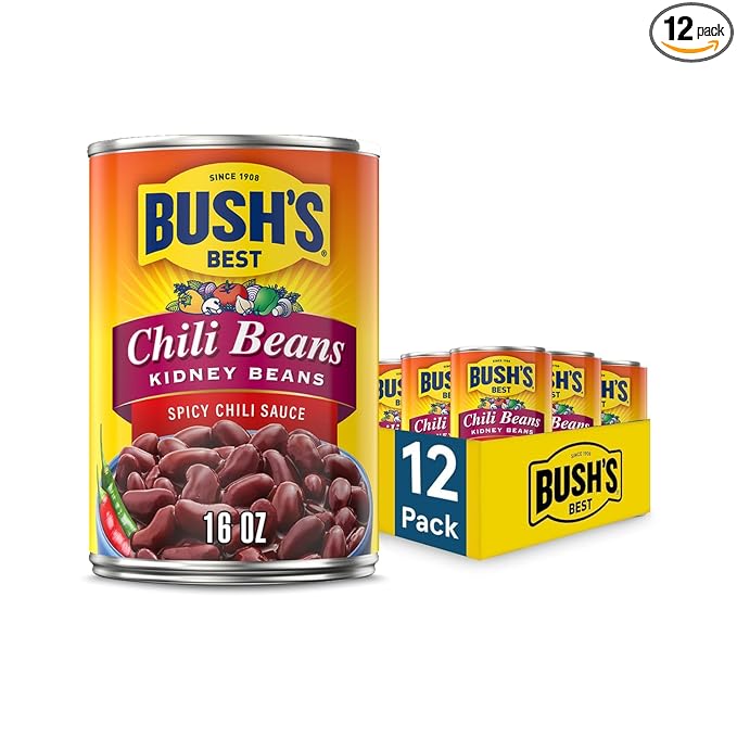 BUSH'S BEST 16 oz Canned Spicy Dark Red Chili Beans, Source of Plant Based Protein and Fiber, (Pack of 12)