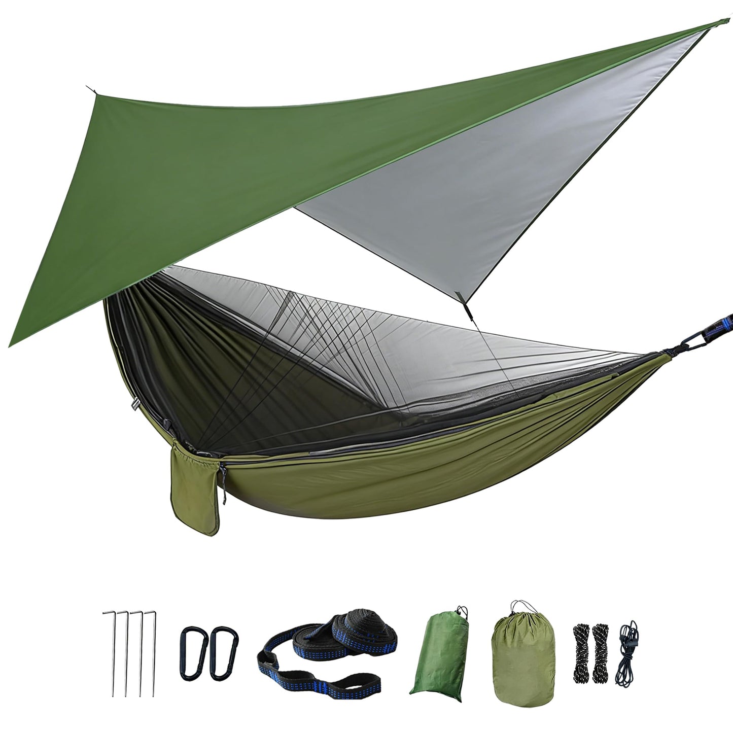 Ovyuzhen Camping Hammock with Rain Fly Tarp Mosquito Net Heavy Duty Tree Straps Portable Double