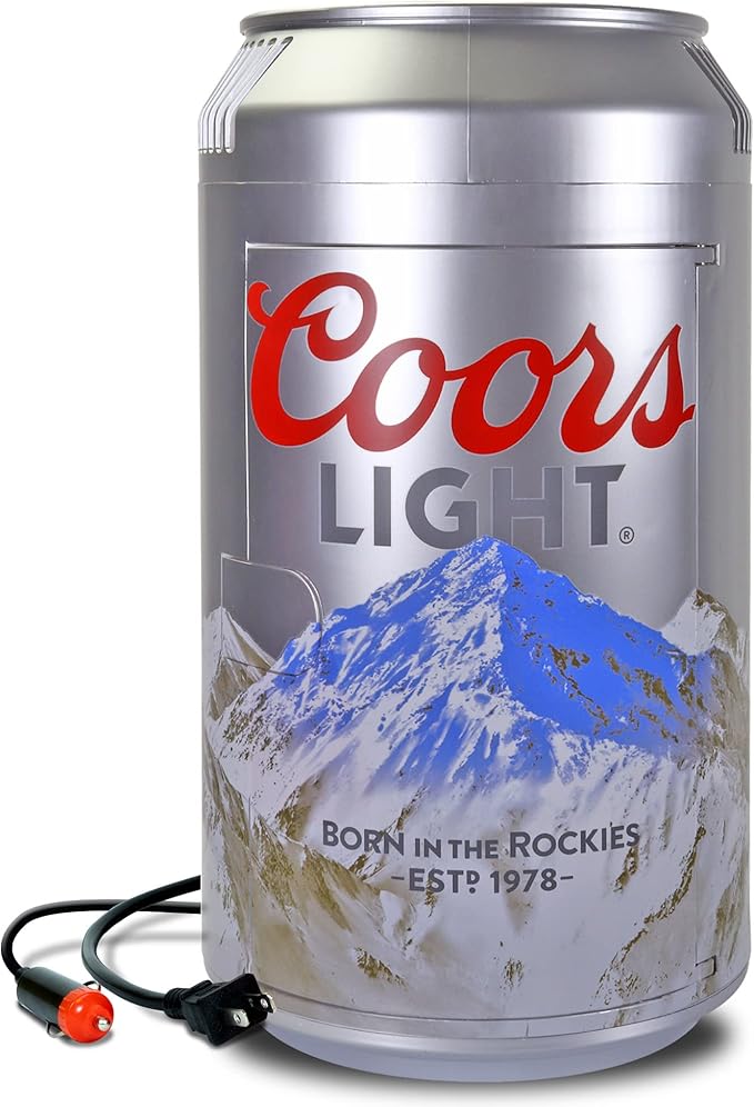 Coors Light Mini Fridge - Refrigerator for Bedroom Office, Portable Table Top Beverage Cooler, 12V 110V Refrigerador For Drinks, Soda, Wines, Use In Car, Dorm, Outdoor, 8 Can