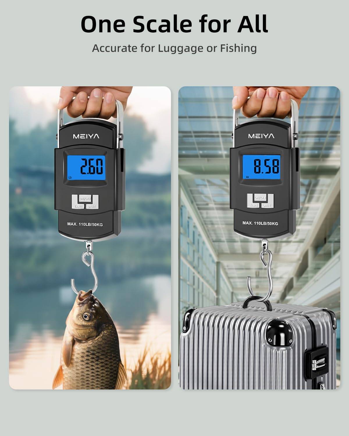 MEIYA Fish Scale 110lb/50kg Digital Fishing Scale with Backlit LCD, Portable Handle, Stainless