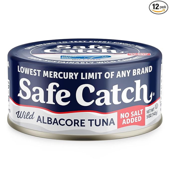 Safe Catch Canned Lowest Mercury Limit Albacore Tuna Fish No Salt Added, Wild Caught, Gluten-Free, Kosher, Whole30 Approved, Keto, 5oz Can, 12-Pack