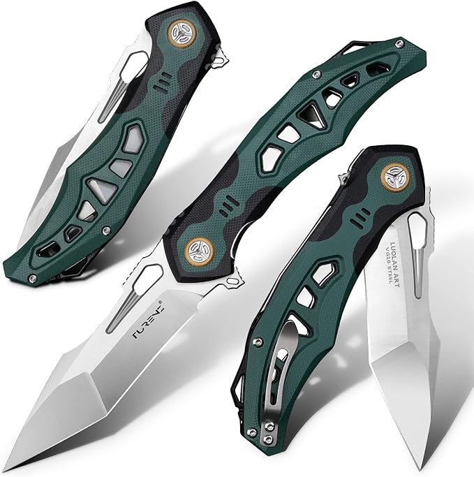 high hardness sharp folding pocket knife, 3.7in vg10 steel blade, inlaid G10 handle, lining lock, titanium clip, EDC flipper utility knife, used for hunting, camping, hiking and fishing