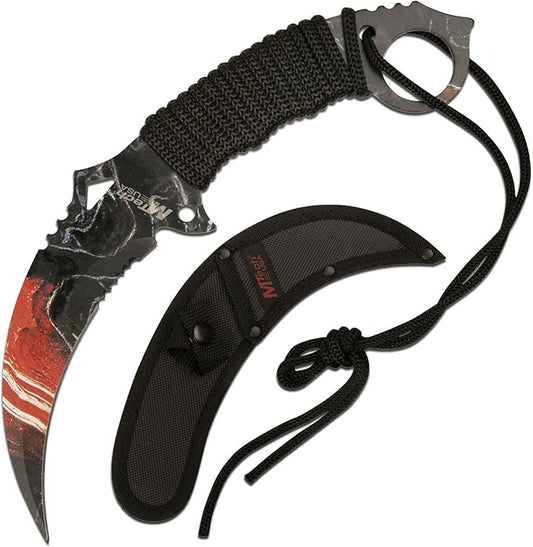 MTECH USA Fixed Blade Knife, Partially Serrated Stainless Steel Blade with Cord Wrapped Handle, Black Nylon Sheath - Hunting, Camping, Survival, Everyday Carry (Black Red)