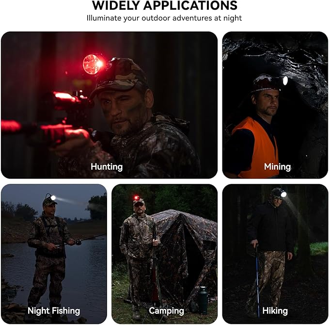 Coon Hunting Lights Headlamp for Coyotes Hog Predators, 10W Rechargeable & IPX5 Waterproof, 6 Lighting Modes, 45000LUX 4-Color LED (White Red Green Amber) with Camo Hunting Hat for Forehead