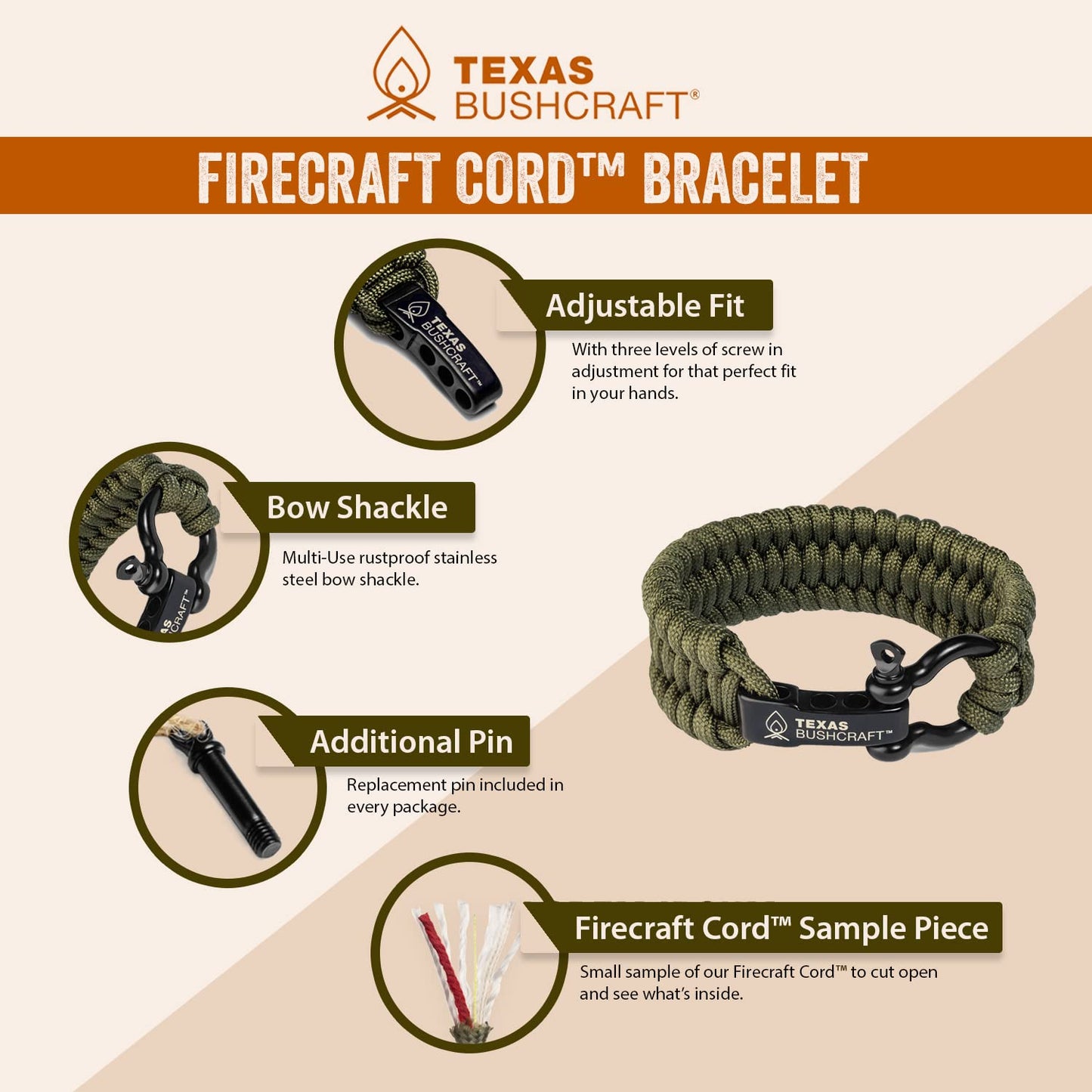 Texas Bushcraft Firecraft Cord Survival Bracelet – Paracord Bracelet with Bow Shackle for Camping