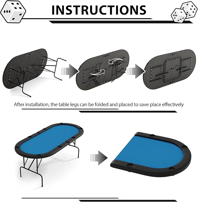 8 Player Foldable Poker Table, 71" Portable Folding Poker Game Tables with Collapsible Legs, Cup Holders, Casino Grade Felt Surface, Oval Card Game Poker Table for Game Room, Blue