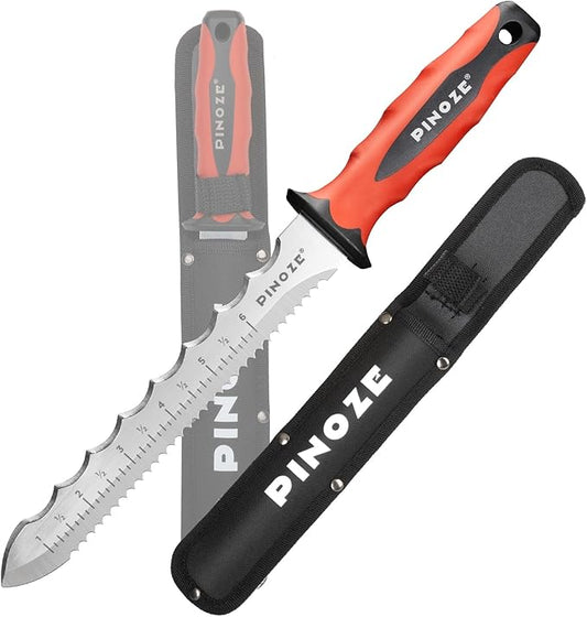 8" Insulation Knife, Stainless Steel Blade Insulation Cutter w/Laser Scale, Dual-Side Serrated Duct Knife Tool with Sheath for Cutting Heat Material Foam/Rockwool/Styrofoam, Garden Sod Cutter