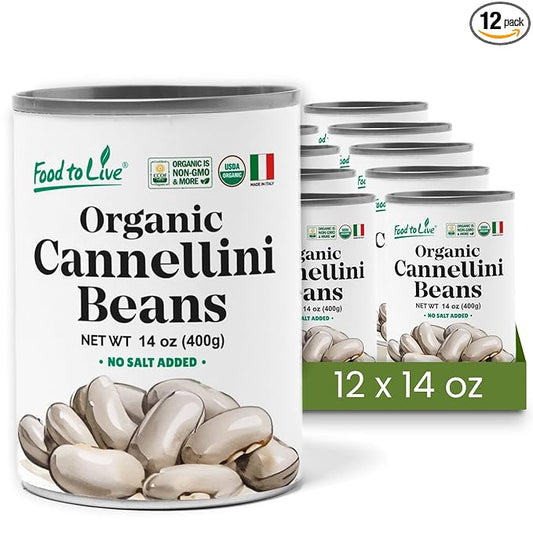 Food to Live Organic Italian Canned Cannellini Beans, 14 oz (Pack of 12) - Unsalted Non-GMO White Kidney Beans. Good Source of Fiber and Protein