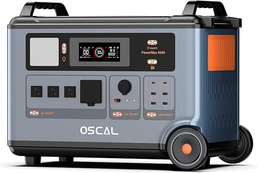 OSCAL PowerMax 6000 Solar Generator, 120/240V Split Phase Voltage 6000W AC Outlets (7200W Peak), 3600Wh LFP Battery Power Station, Expandable to 57.6kWh, 2200W/1.96H Fast Charging for Home, Emergency
