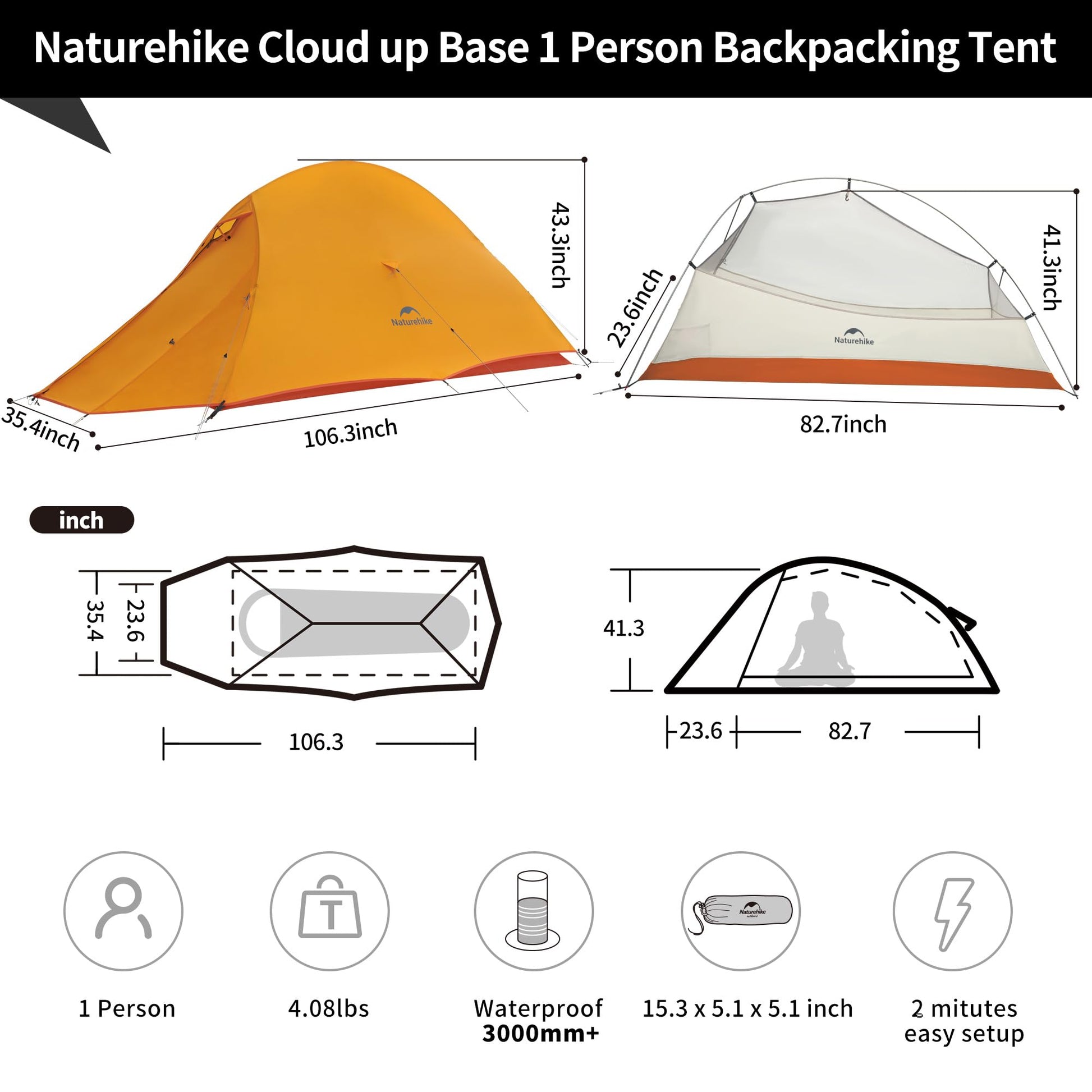 Naturehike Cloud-Up 1 Person Tent, Lightweight Backpacking Tents for One Man, Waterproof Ultralight