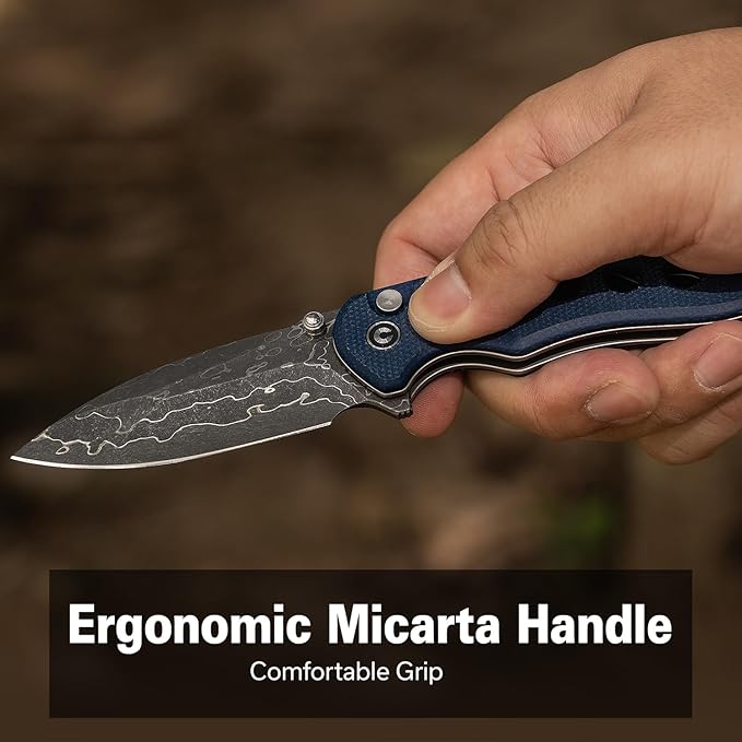 CIVIVI Triptych Folding Pocket Knife, 2.97" Damascus Blade Micarta Handle with Reversible Clip, Button Lock Knife for EDC Camping Hiking C23085B-DS1, Blue