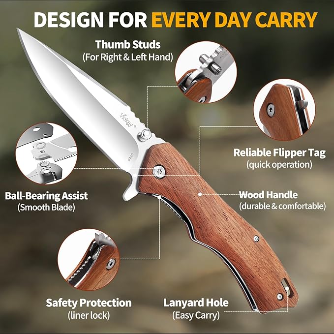 Vickay Pocket Knife for Men, 3.4" 8Cr13MoV Steel Blade, Wood Handle EDC Folding Knife with Liner Lock for Outdoor Camping, Tactical, Hunting, Hiking, Survival - Father?™s Day Gift