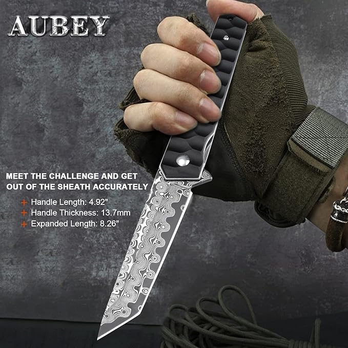 AUBEY Damascus Pocket Knife with Clip, Tanto Blade Damascus Steel Folding Knives for Men Tactical, Aluminum Handle with Glass Breaker for EDC Camping Gift