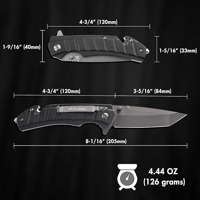 FLISSA Folding Pocket Knife, Tactical Knife with Liner Lock, Tanto Blade, Pocket Clip, Glass Breaker, Seatbelt Cutter, Perfect for Hunting, Camping, Survival