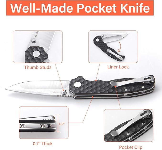 Men's Folding Pocket Knife – 3.4" Sandvik 14C28N Blade G10 Handle Ceramic Bearings Liner Lock Deep Pocket Clip – EDC Knife for Outdoor Hiking Survival Use