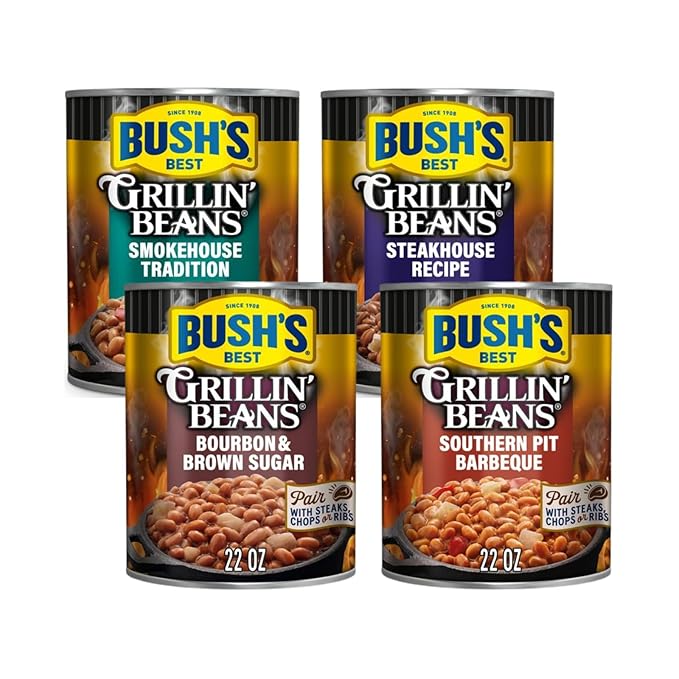 Bush's Best Grillin' Beans Variety Pack, 4 Flavors, 1 of Each Flavor (Smokehouse Tradition 22oz, Southern Pit Barbecue 22oz, Steakhouse Recipe 22oz, Bourbon & Brown Sugar 22oz)