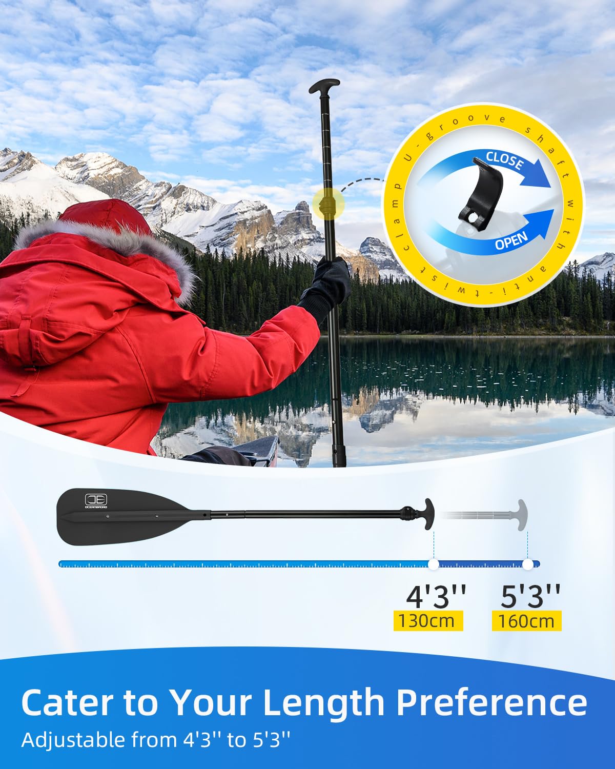 OCEANBROAD Canoe Paddle, Adjustable from 4'3''to 5'3''/130cm to 160cm Aluminum Shaft with Plastic