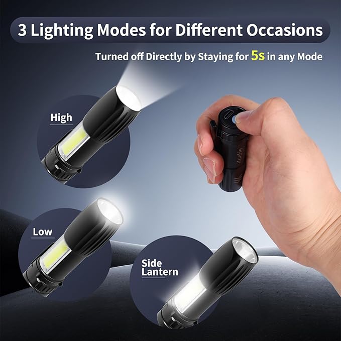 KunHe 5 Pack Small Rechargeable Flashlight Mini Led Flashlight Bright Clip-On Light EDC Flash Light with Side Cob Light for Camping Home Emergency