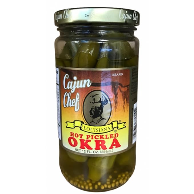 Cajun Chef Hot Pickled Okra 12oz (Pack of 1) - Great in Bloody Mary's - Versatile Garnish for Sandwiches, Salads, Martini's, Cheese Boards, and More (Hot Pickled Okra 12oz)