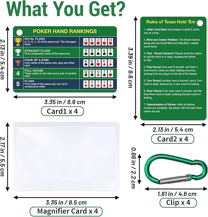 4-Pack (8 Cards) Poker Hand Rankings Cards Set with Magnifier & Clip, Texas Hold'em Cheat Sheet & Rules Guide, Sturdy Poker Accessories for Beginners, Pros, Poker Night