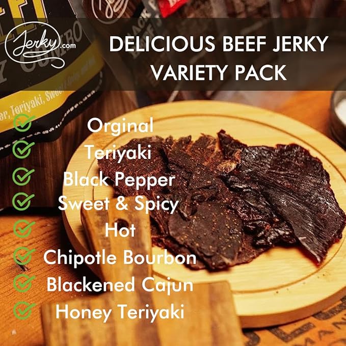 Jerky.com Beef Jerky Sampler - Featuring Original, Black Pepper, Teriyaki, Sweet & Spicy, Hot, Habanero, Blackened Cajun, Honey Teriyaki - Great Gift for Men (8 Flavors - 1 oz. bags))