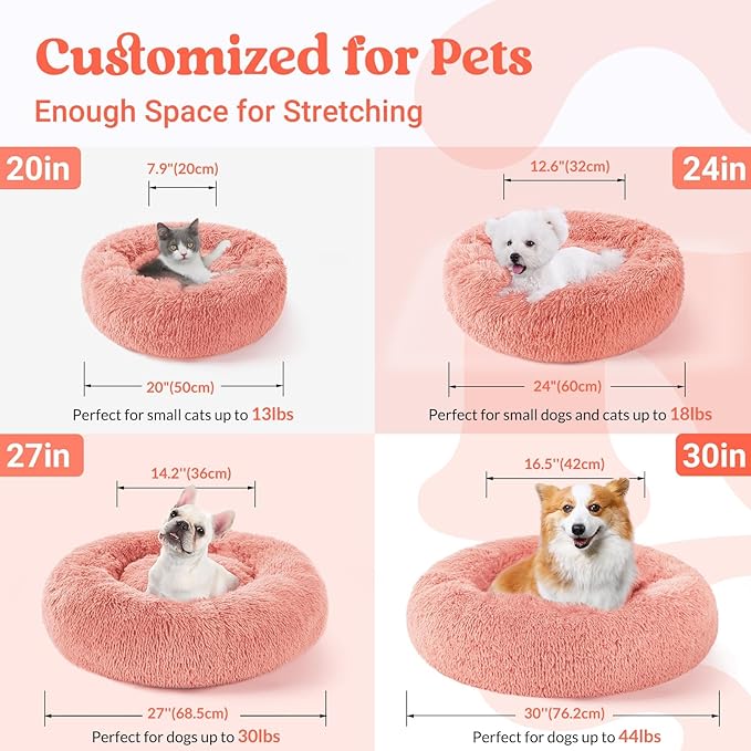 rabbitgoo Cat Beds for Indoor Cats, 20 inches Cat Bed Machine Washable, Fluffy Round Pet Bed Non-Slip, Calming Soft Plush Donut Cuddler Cushion Self Warming for Small Dogs Kittens, Light Pink, Medium