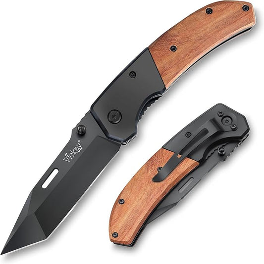 Vickay Pocket Knife, Folding Knife with Clip - 3.54??Steel Blade, Wood Handle EDC Knife for Men & Women, Outdoor Camping, Hunting, Hiking, Fishing - Father?™s Day Gift (Black)