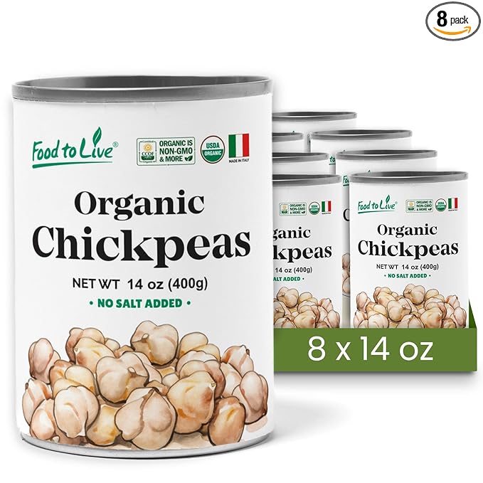 Food to Live Organic Canned Chickpeas, 14 oz (Pack of 8) - Unsalted Non-GMO Garbanzo Beans. Vegan. USDA Certified Organic. Good Source of Fiber and Protein. Wholesale. Made in Italy