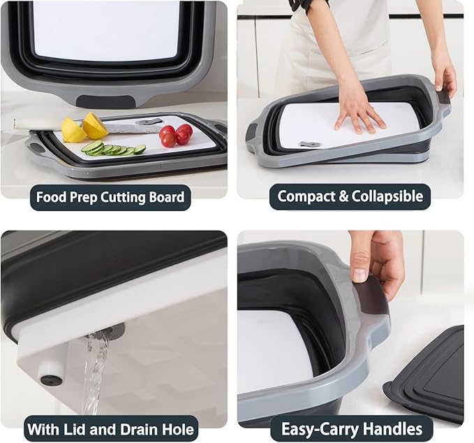 Collapsible BBQ Prep Tubs with Lids, Grill Cutting Board, Camping Sink with Drainage Hole for Meal Prep, Fruit Wash and Food Storage, Marinating Container, 16L Black Tub 20"