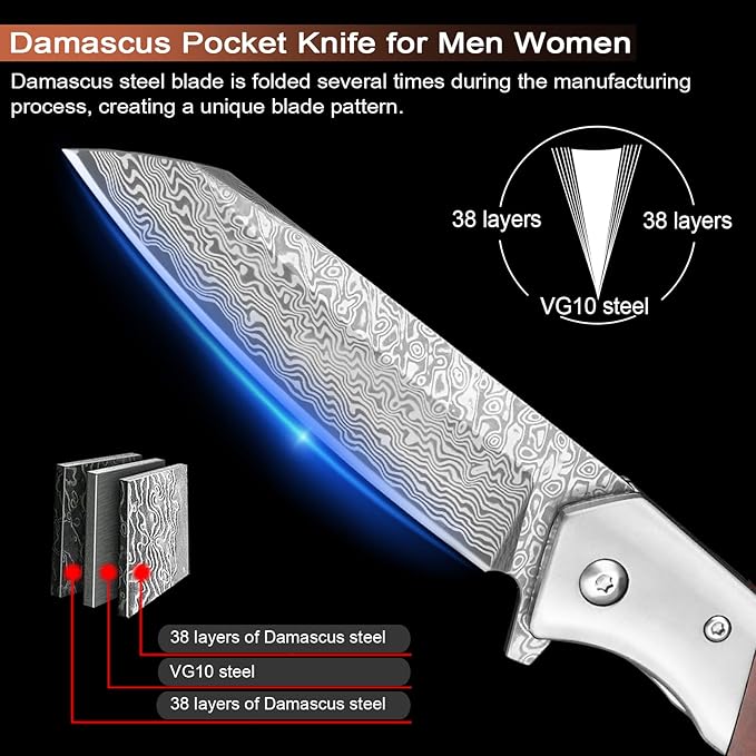 KOMWERO Damascus Pocket Knife with Clip Leather Sheath, 3.14 inch Sharp Damascus Steel Knife with Rosewood Handle, EDC Damascus Folding Knife for Men Women Camping Collection