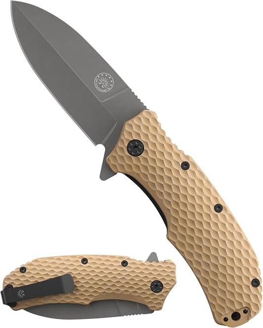Off-Grid Knives - Rapid Fire Stinger, Assisted Spear Point Blade, Hard Use Build, Tactical, Camping & Survival EDC, Cryo D2 Steel, G10 Scales, Deep Pocket Carry (Coyote)