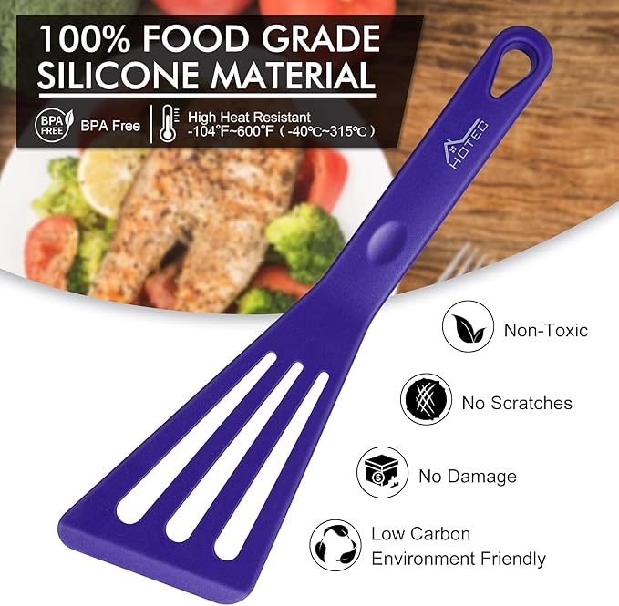 HOTEC 600??Heat Resistant Silicone Slotted Fish Turner Spatula Set, BPA Free Kitchen Cooking Spatulas, for Non Stick Cookware Dishwasher Safe Classic Blue, set of 2
