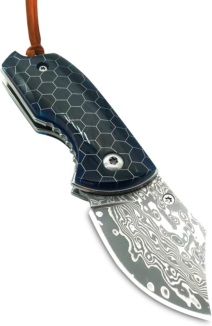 ALBATROSS Mini EDC Folding Pocket Knife - 1.75" Damascus Steel Blade, Blue Resin Handle with Aluminum Honeycomb Pattern, Tactical Camping Knife with Gift Box - HGDK022