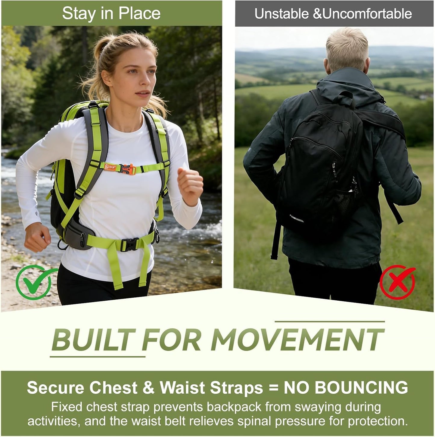 50L Hiking Backpack for Men Women, Waterproof Outdoor Daypack,Green