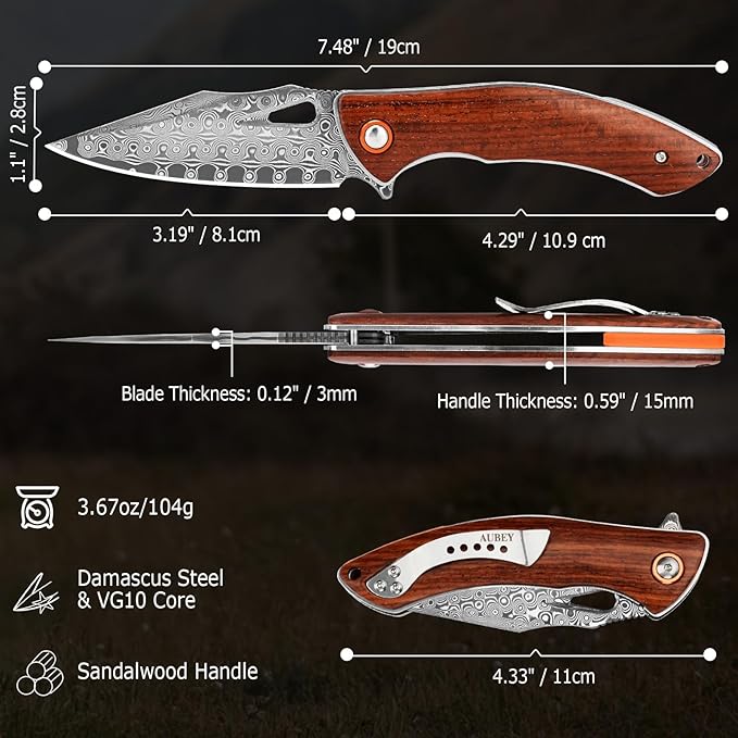 AUBEY Damascus Folding Knife with Clip, Pocket Knife with Wood Handle, EDC Knife for Outdoor Hiking Camping Collection (3.19" Blade)