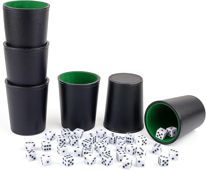 Felt-Lined PU Leather Dice Cup Set, 6 Quiet Dice Shaker Cups with 36 Dices for Bar Party Yahtzee Farkle Dice Games, Black and Green