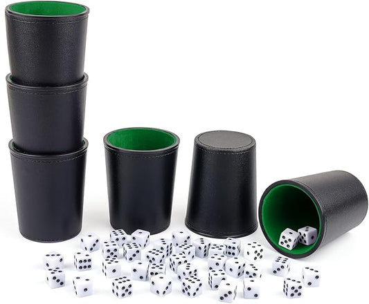 Felt-Lined PU Leather Dice Cup Set, 6 Quiet Dice Shaker Cups with 36 Dices for Bar Party Yahtzee Farkle Dice Games, Black and Green