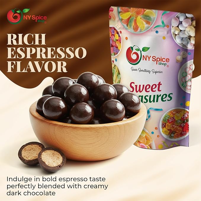 NY Spice Shop Dark Chocolate Espresso Chocolate Malt Balls Party Decorations - 8 Ounce Malted Milk Ball Candy Birthday Gifts - Chocolate Malted Milk Balls - Dark Chocolate Malt Ball Holiday Snacks