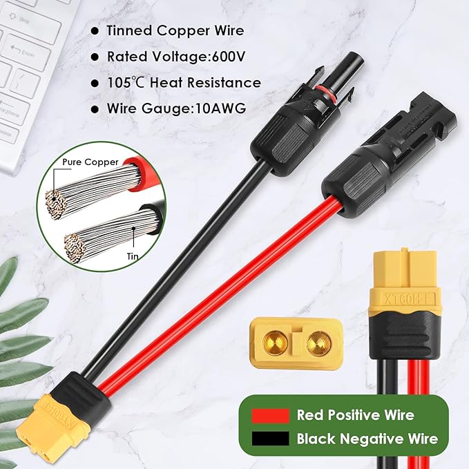 Solar to XT60 Extension Cable 10AWG 3FT Solar Connector to XT60 Adapter Cable for Solar Panel to Portable Power Station Solar Generator Battery Pack