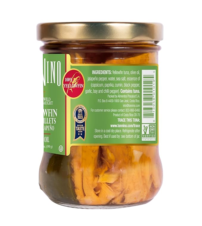 Tonnino Tuna Fish Yellowfin Pole&Line - Jalapeno in Olive Oil ??Pack of 6 ??Alternative to Salmon ??Protein Snacks ??Ready to Eat Meals in Can