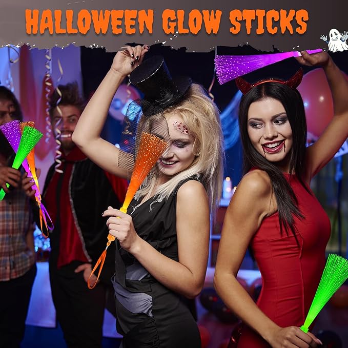 Halloween Glow in Dark Party Favors Accessories-12 Pack, Light Up Fiber Optic Wand Toy Gift for Toddlers, Non Candy Trick or Treat Trinkets,Halloween Prizes Stuff Birthday Games Activities Decorations