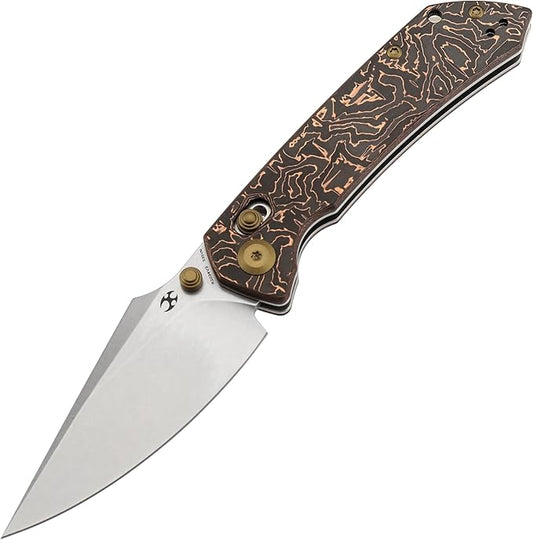 KANSEPT Fenrir Pocket Knife,3.48'' Stonewashed CPM S35VN Harpoon Sharp Blade,Copper Carbon Fiber Handle with Crossbar Lock,Thumb Stud Pocket Clip for Edc,Camping Survival Hiking Folding Knives K1034V3