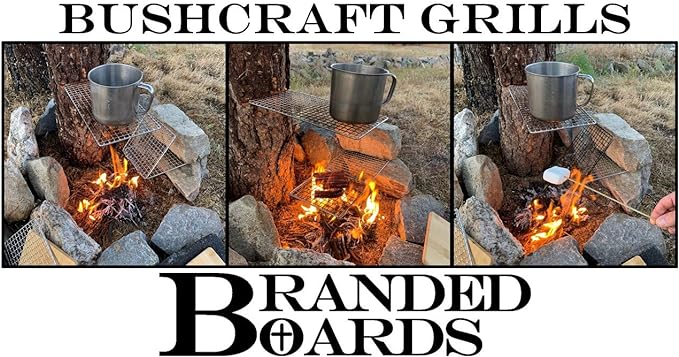Portable Bushcraft Stainless BBQ Cooking Grill Grate, Bamboo Cutting Board, Burlap Bag, Mini Knife, Fire Starter Kits. Camping, Campfires, Backpacking, Hunting & Fishing Gear