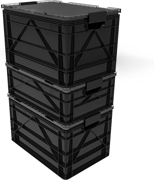 SIDIO CRATE Starter Pack - Two Full Size and One Half Size SidioCrate, Stackable Outdoor Organizer Storage Bins with Clear Lid and Dividers - Black
