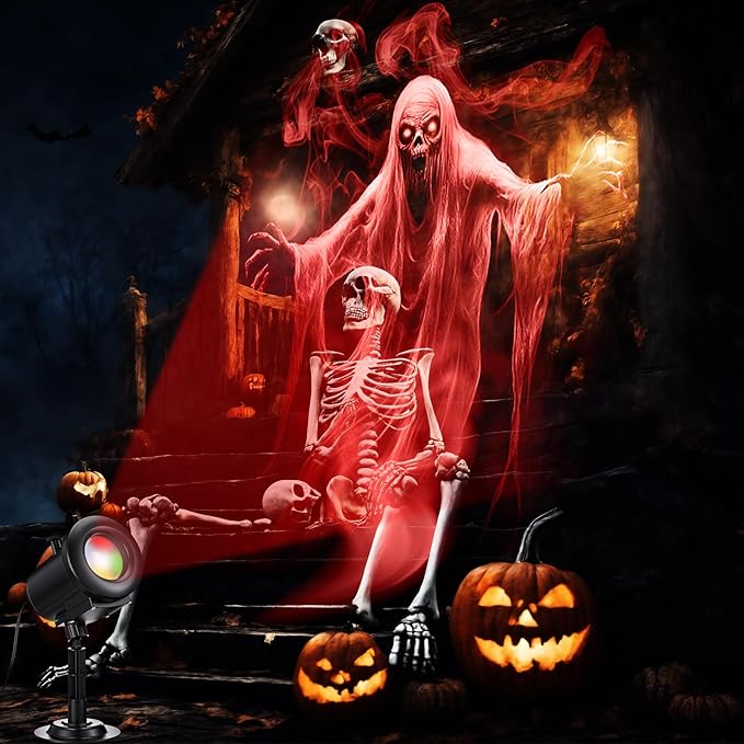 12 in 1 Halloween Projector Lights Outdoor 2025 Upgrade 3D Dynamic Window Indoor Decorations Skull Ghost Bats Witch Scary HD Patterns, 4 Colors, with Remote for Holiday House Garden Decor(Halloween)