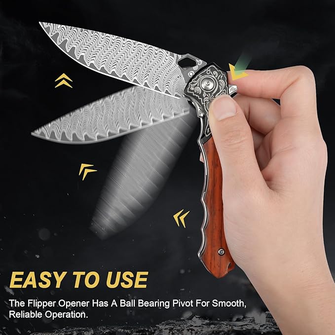 Damascus Folding Knife, 3.39" VG10 Core Damascus Steel Blade Pocket Knife for EDC, Wood Handle Pocket Knives for Camping Survival Hunting