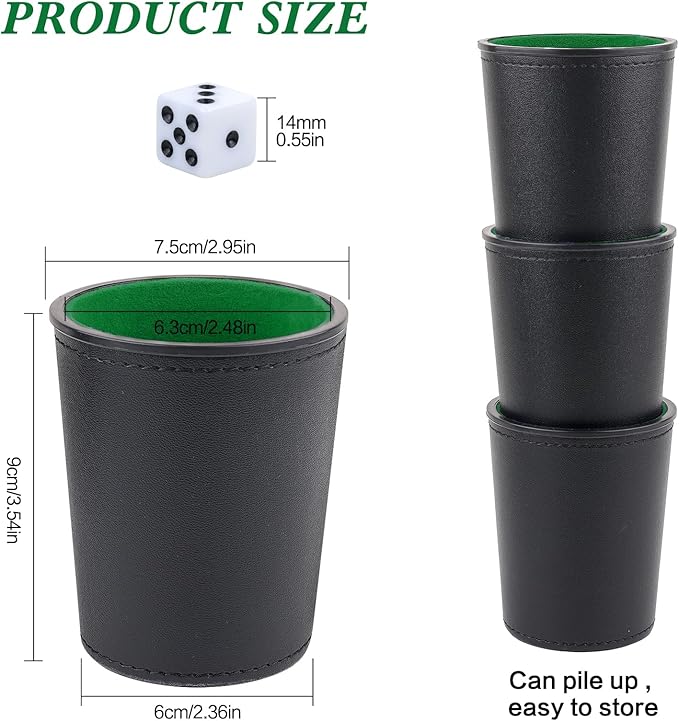 Felt-Lined PU Leather Dice Cup Set, 6 Quiet Dice Shaker Cups with 36 Dices for Bar Party Yahtzee Farkle Dice Games, Black and Green