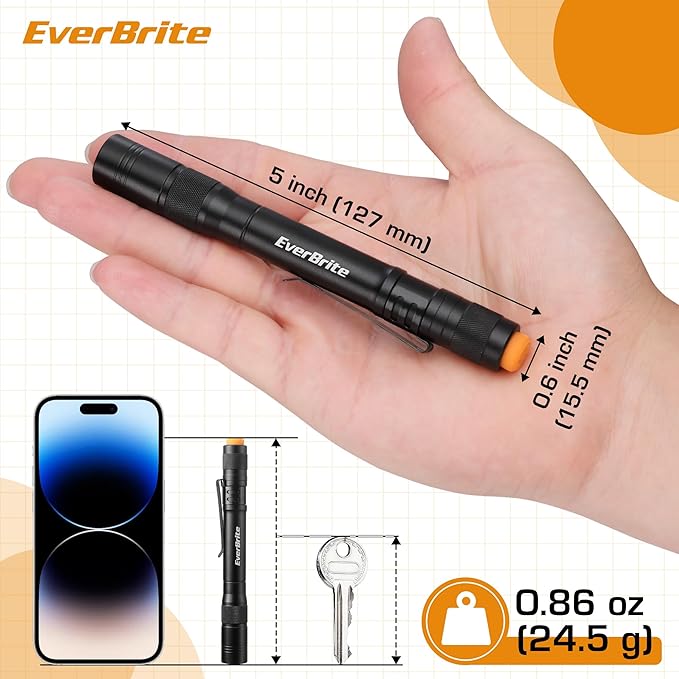 EverBrite Pen Light, 100LM Pocket Flashlights, Aluminum LED Pen Flashlights with Clip, 8 AAA Batteries Included, Pocket Flashlight for Camping, Emergency, Mechanic, Pack of 4, Black