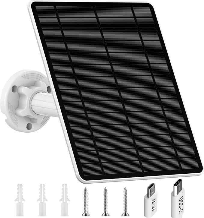 5W Solar Panel for Security Camera Outdoor, Micro USB & USB-C Port Camera Solar Panel, Compatible with Rechargeable Battery Powered Cameras, IP65 Waterproof, 9.8ft Cable, 360° Adjustable Bracket